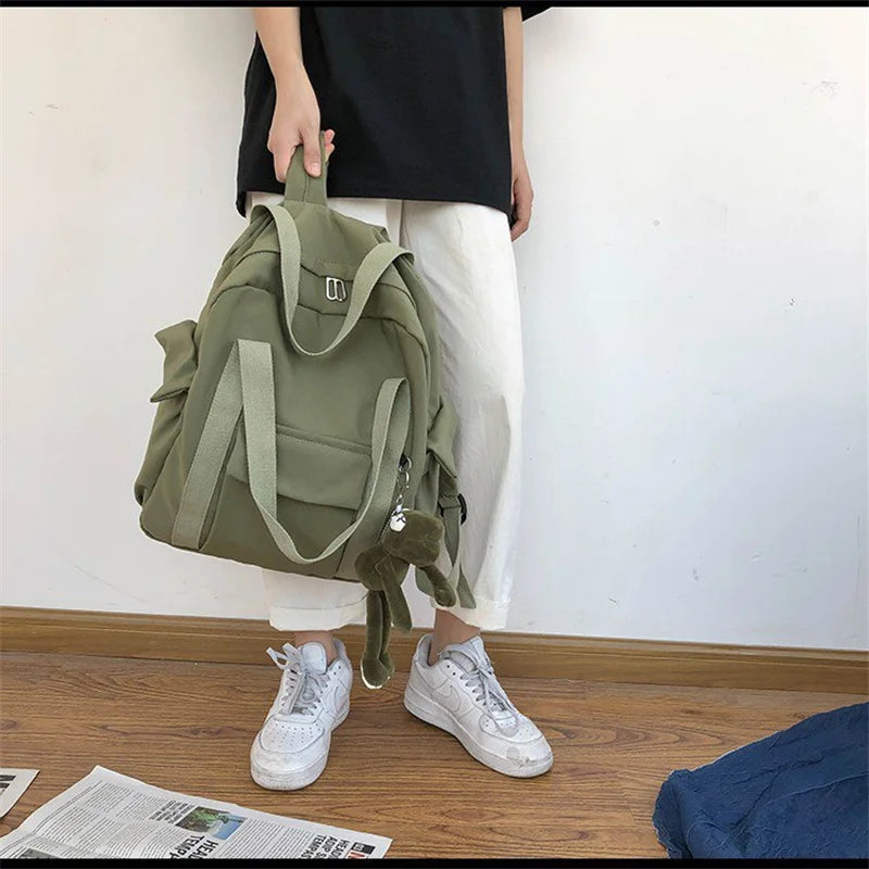 Green Vintage Nylon College Woman Student Bookbag Travel Bag