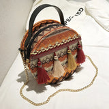 Ethnic Style Shoulder Bag Women Woven Fabric Chinese Style Circular Chain Tassel