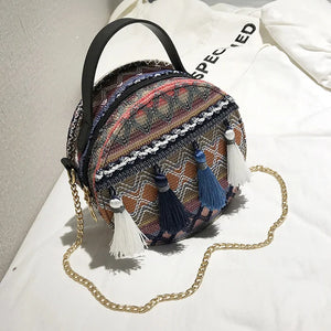 Ethnic Style Shoulder Bag Women Woven Fabric Chinese Style Circular Chain Tassel