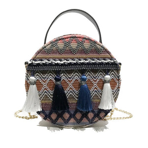 Ethnic Style Shoulder Bag Women Woven Fabric Chinese Style Circular Chain Tassel