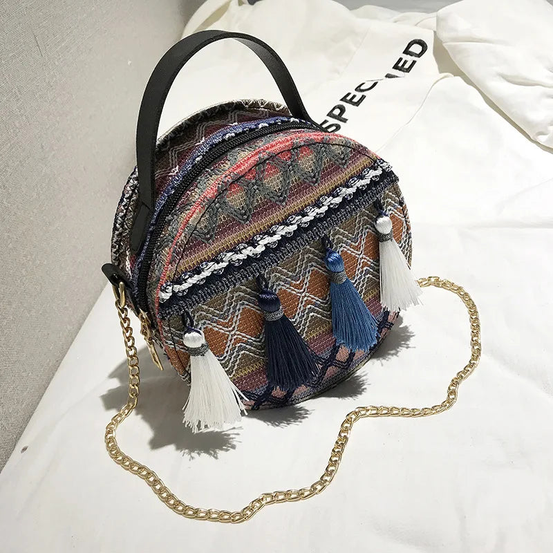 Ethnic Style Shoulder Bag Women Woven Fabric Chinese Style Circular Chain Tassel
