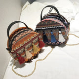 Ethnic Style Shoulder Bag Women Woven Fabric Chinese Style Circular Chain Tassel