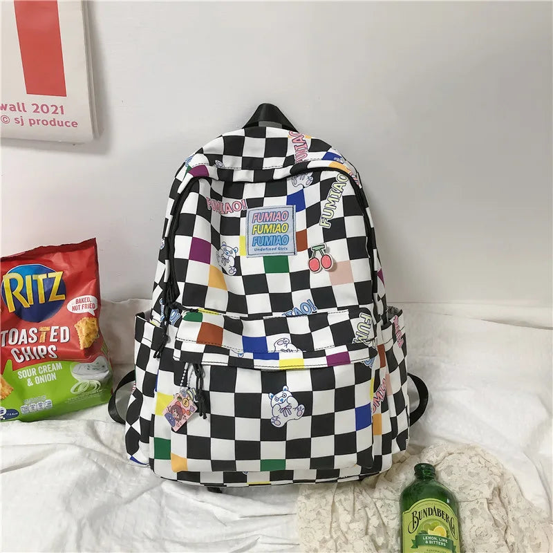 Light Waterproof Plaid Backpack Women Nylon Bookbag for Collage Student Travel B