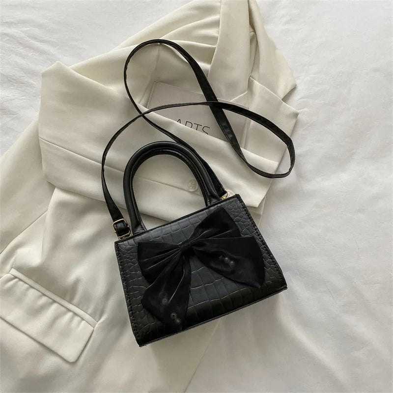 Women Shoulder Bag Bow Crossbody Leather Handbag Solid Zipper