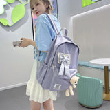 Nylon Women's School Backpack with Bows and Bear