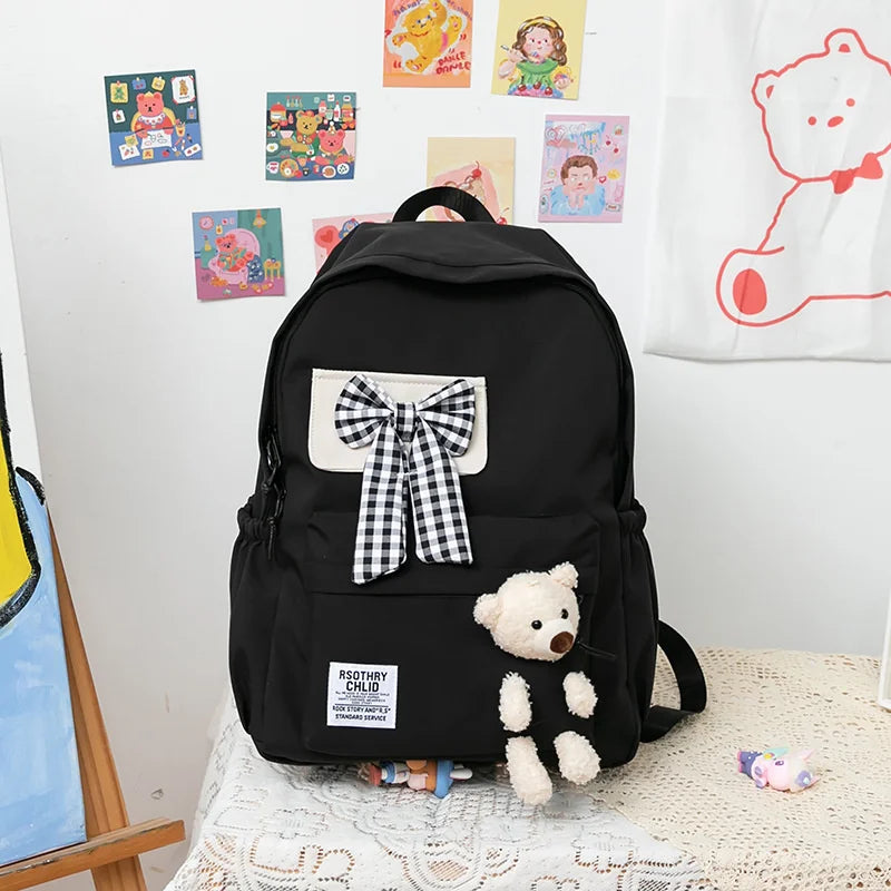 Nylon Women's School Backpack with Bows and Bear