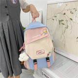 High School Woman Backpack Nylon Contrast Shoulder Bag Preppy Style