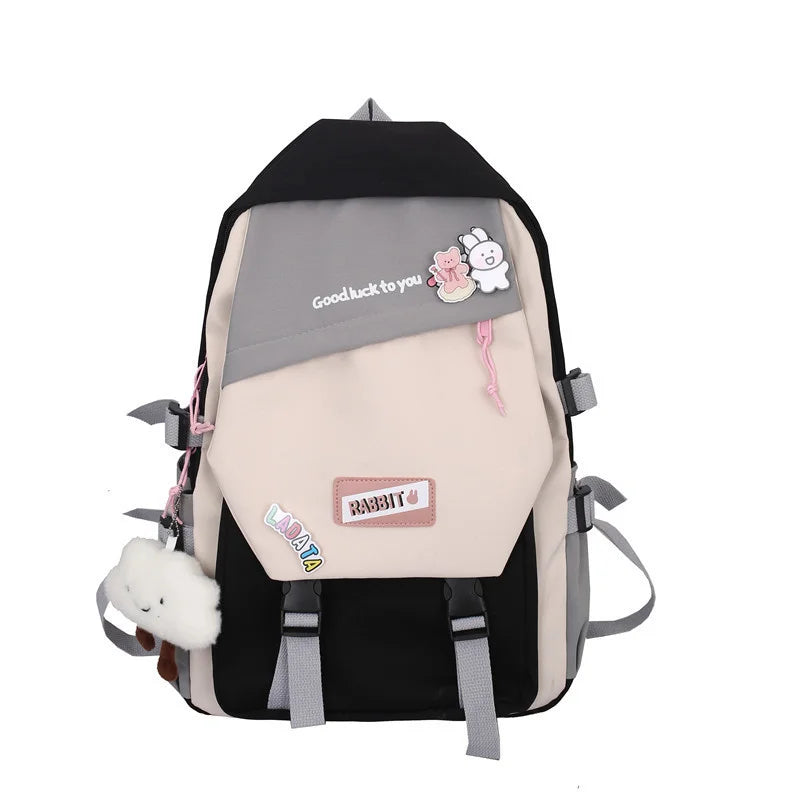 High School Woman Backpack Nylon Contrast Shoulder Bag Preppy Style