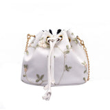 Flower Embroidery Leather PU Bucket Bag Crossbody Chain Shoulder Bag