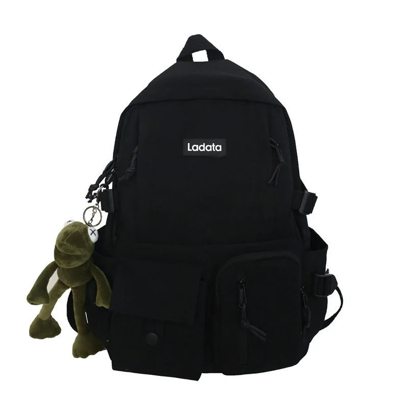 Green Nylon Female Backpack with Plush Pendant