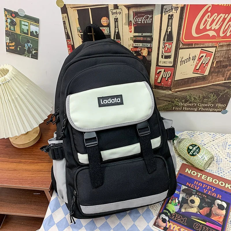 Preppy Women School Bag Panelled Nylon Backpacks Lady Middle School Students