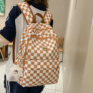 Pink Plaid School Backpacks for Girls with Pendant