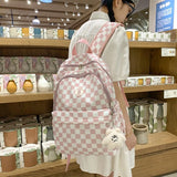 Pink Plaid School Backpacks for Girls with Pendant