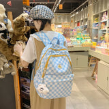 Pink Plaid School Backpacks for Girls with Pendant