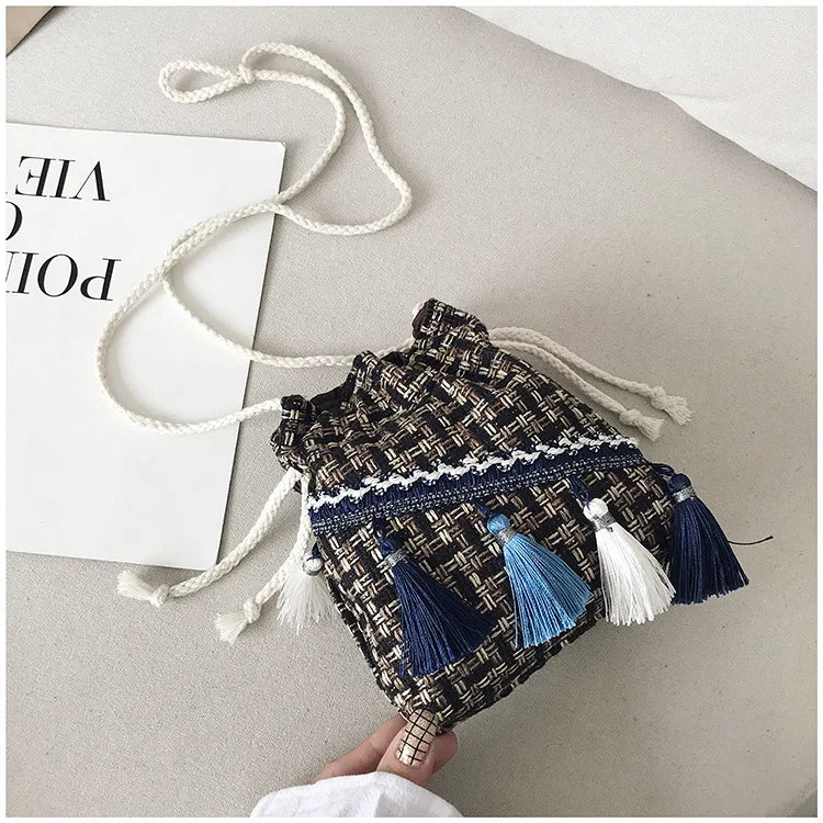 Tassel Cross Body Bucket Bag Small Shoulder Bag for Women
