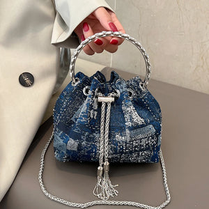 Denim Tassel Bucket Bag for Women