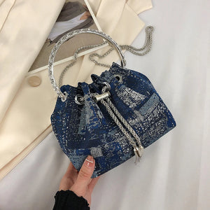 Denim Tassel Bucket Bag for Women
