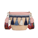 Vintage Straw Handbag with Tassel Ribbon Beach Messenger Bag