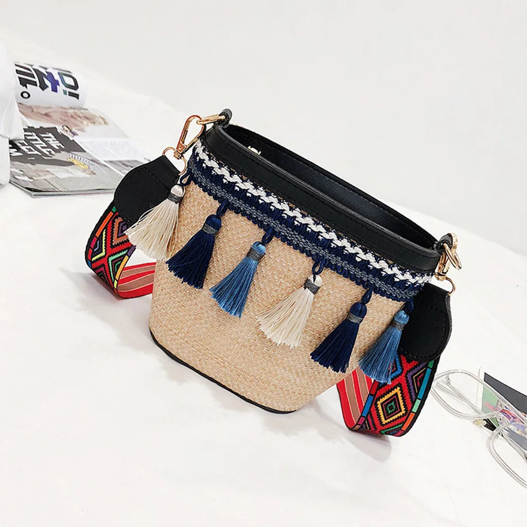 Vintage Straw Handbag with Tassel Ribbon Beach Messenger Bag