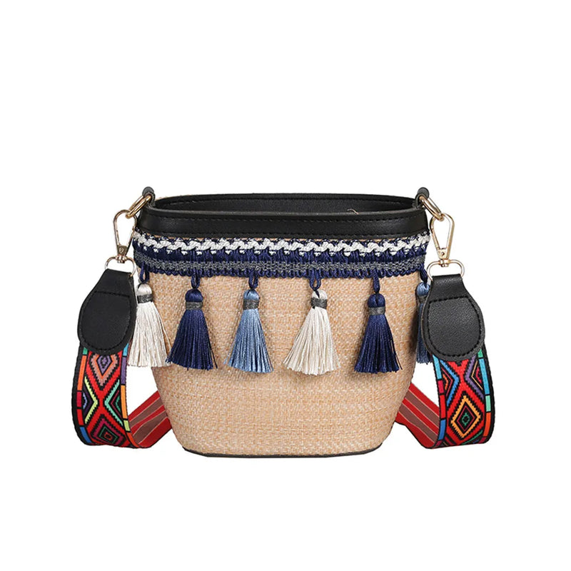 Vintage Straw Handbag with Tassel Ribbon Beach Messenger Bag