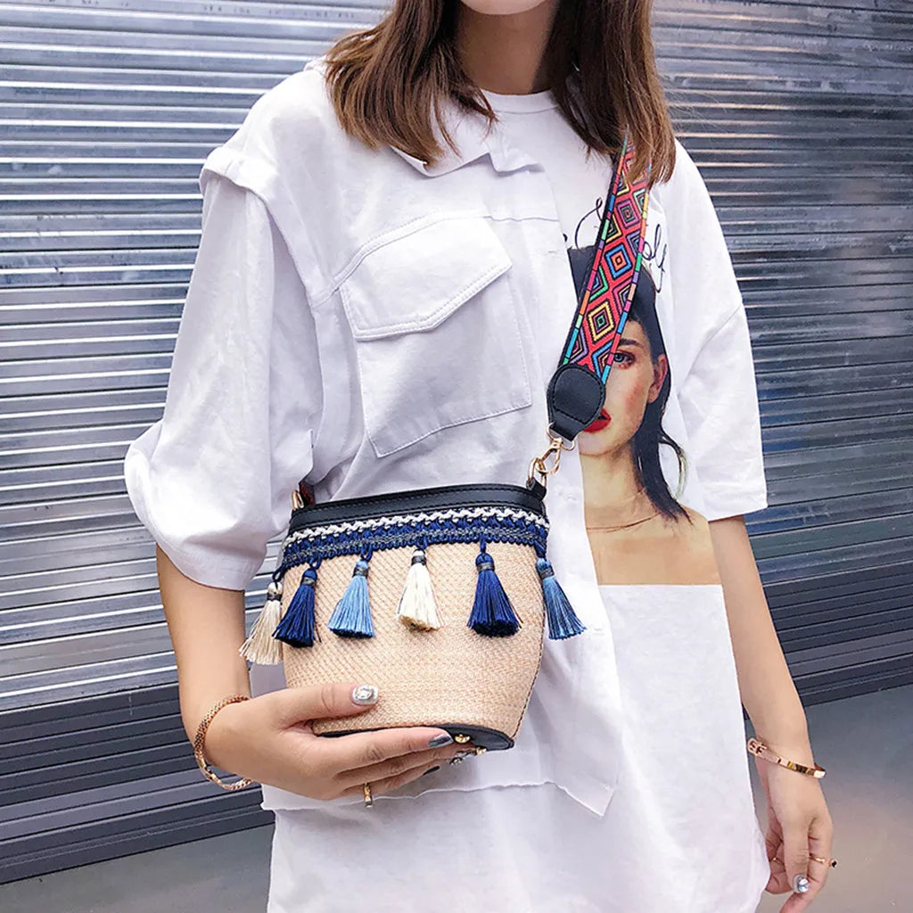 Vintage Straw Handbag with Tassel Ribbon Beach Messenger Bag