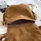 Faux Suede Fringed Shoulder Bag Brown