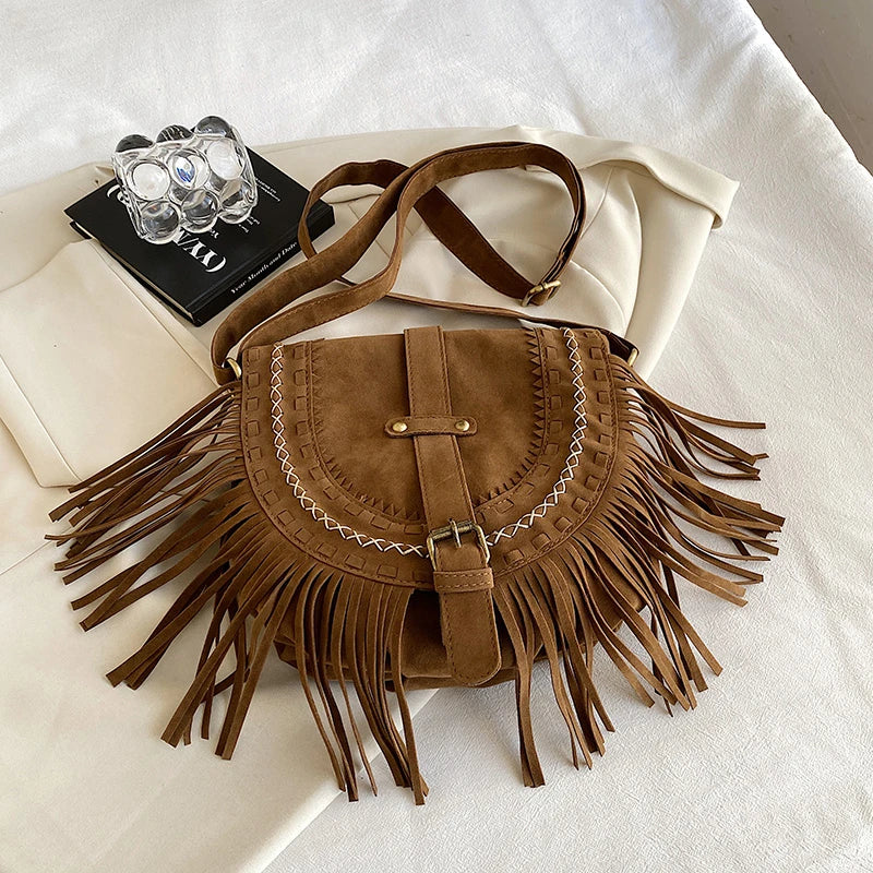 Faux Suede Fringed Shoulder Bag Brown