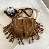 Faux Suede Fringed Shoulder Bag Brown