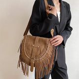 Faux Suede Fringed Shoulder Bag Brown