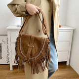 Faux Suede Fringed Shoulder Bag Brown
