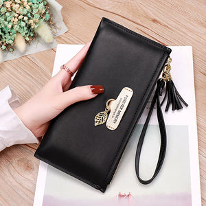 Women's Tassel Wallet High PU Leather Wrist Bag Zipper Purse Solid