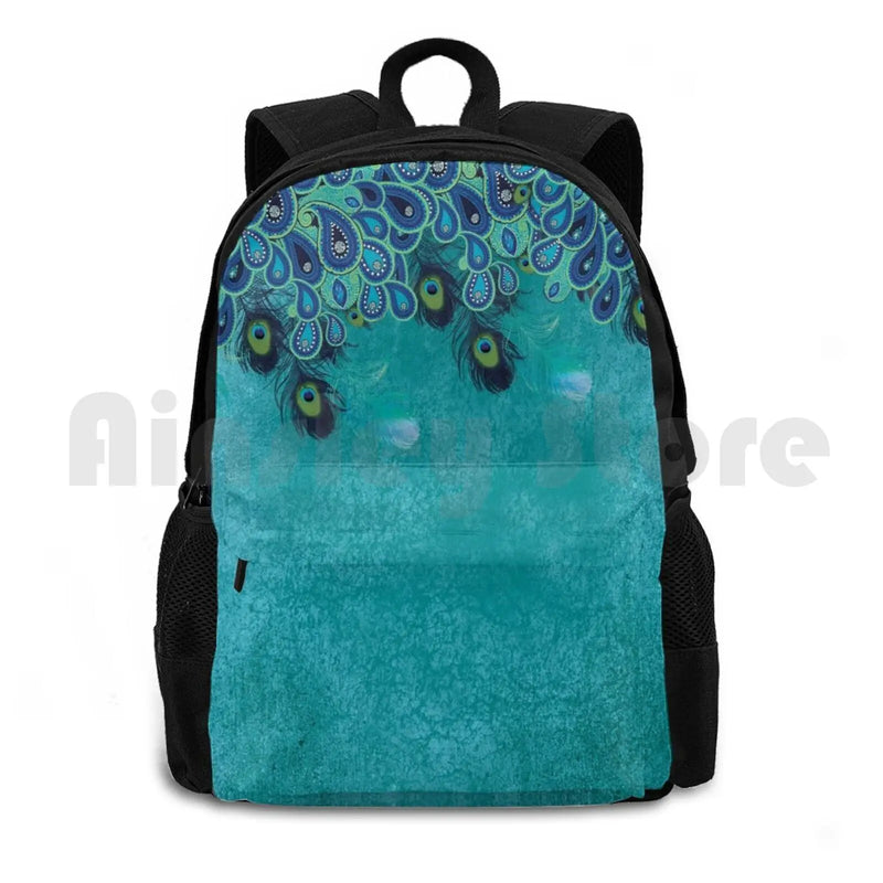 Teal Peacock Paisley Feather Aqua Outdoor Hiking Backpack