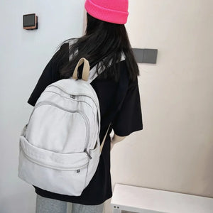 Teen Girls Solid Backpack Washed Canvas Schoolbag Large Capacity