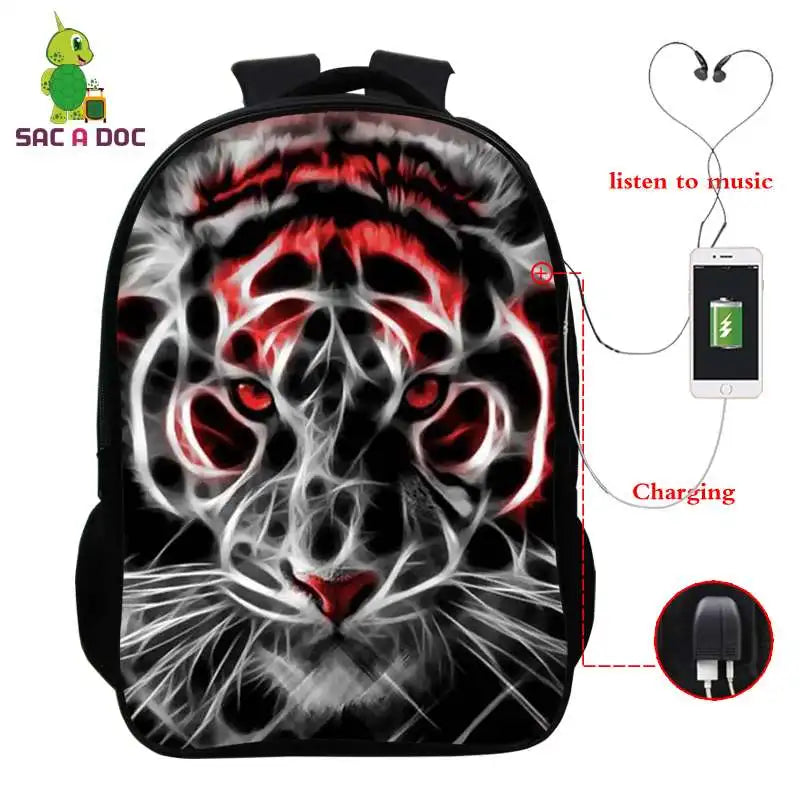 Child Wolf Nylon 3D Backpack Waterproof Student Girls Boys Schoolbag