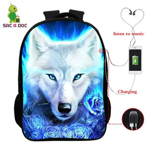 Child Wolf Nylon 3D Backpack Waterproof Student Girls Boys Schoolbag