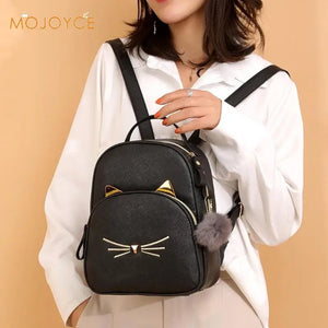 Teenagers Backpack PU Leather School Bags Girl Cartoon Cat Square Satchel