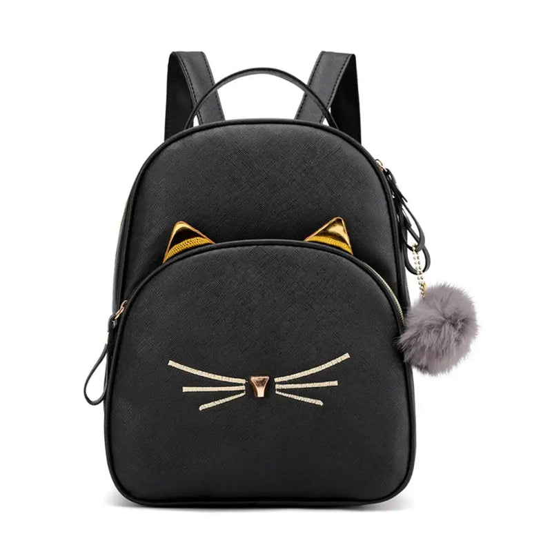 Teenagers Backpack PU Leather School Bags Girl Cartoon Cat Square Satchel