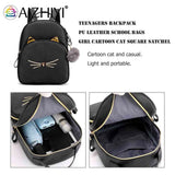 Cat Cartoon School Bag PU Leather Lightweight Handbag for Teens