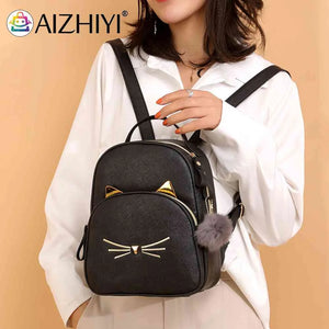 Cat Cartoon School Bag PU Leather Lightweight Handbag for Teens