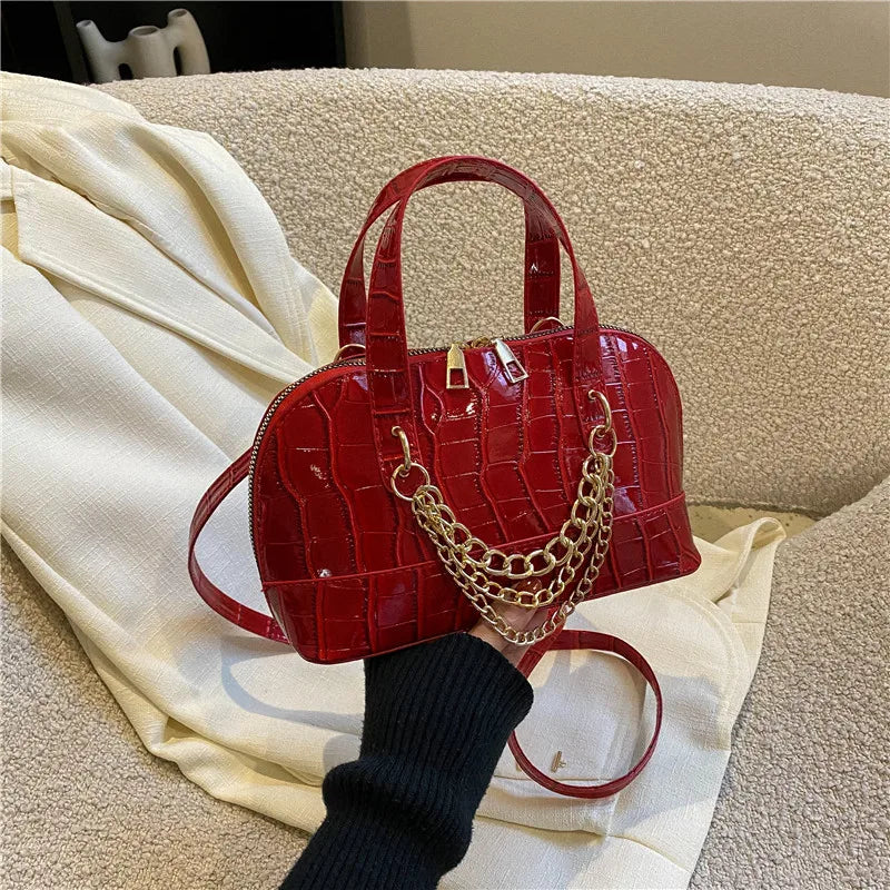 Textural Stone Pattern Shoulder Bag Vintage Chains Shell Handbag
