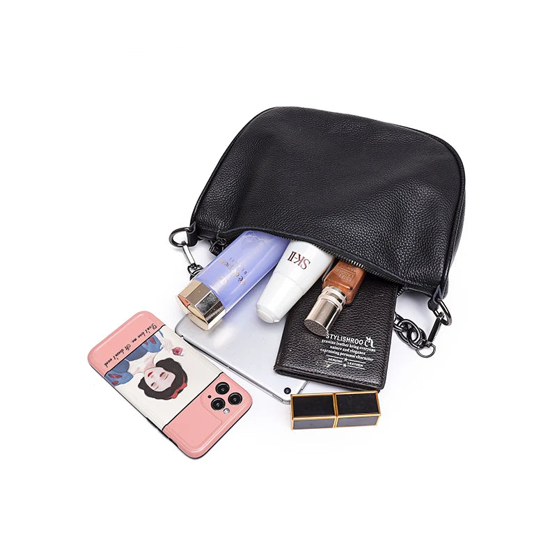 Cowhide Woman Chain Messenger Bag with Wide Single Strap