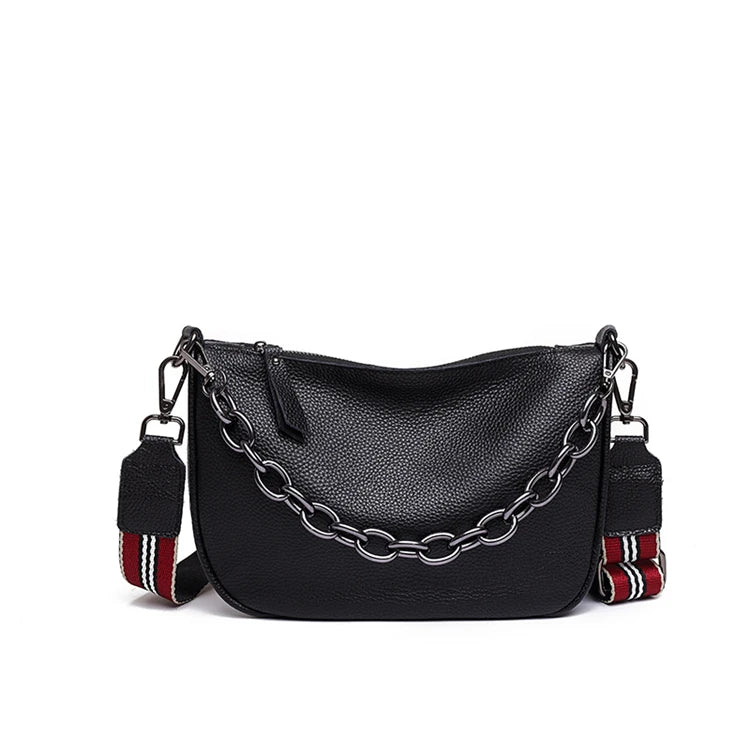Cowhide Woman Chain Messenger Bag with Wide Single Strap