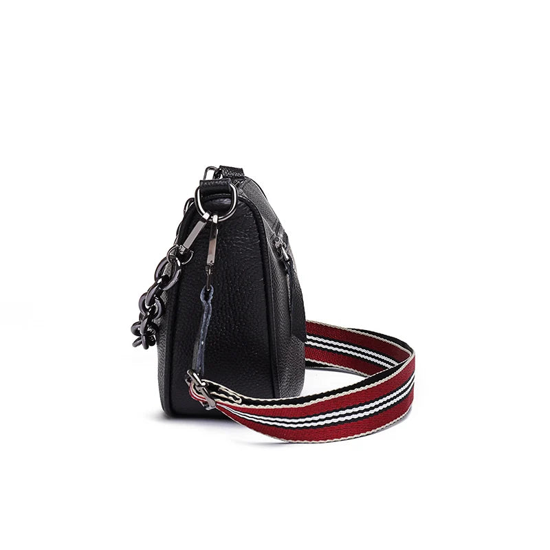 Cowhide Woman Chain Messenger Bag with Wide Single Strap