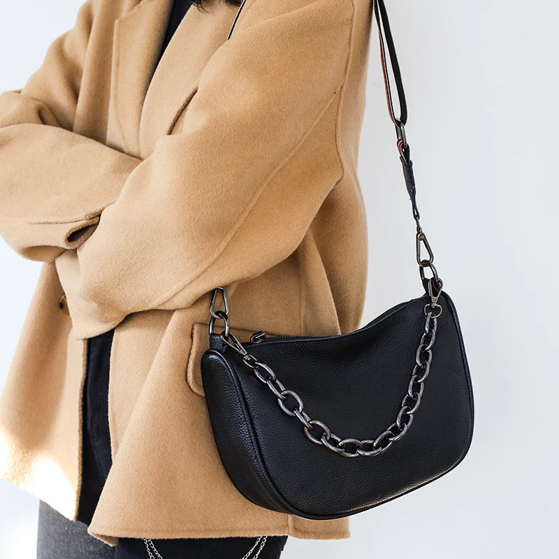 Cowhide Woman Chain Messenger Bag with Wide Single Strap