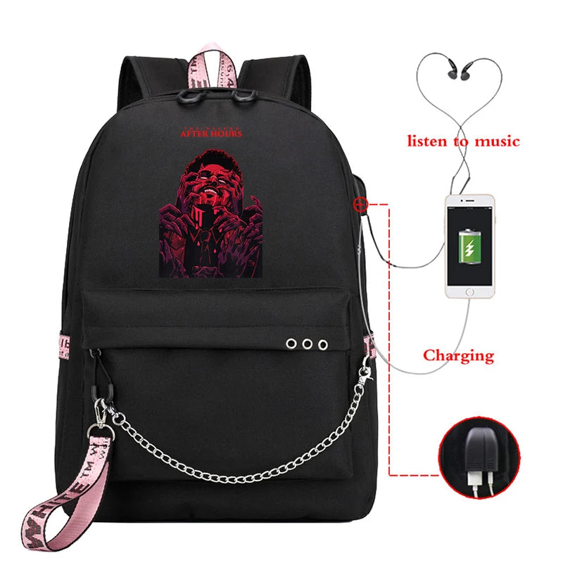 The Weeknd USB Charging School Backpack Harajuku Travel Vintage Bag