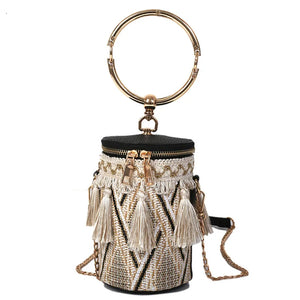 Wild Grass Woven Shoulder Bag with Chain Strap and Tassel