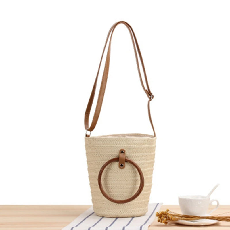 Cylindrical Hand-Carried Crossbody Straw Woven Bag