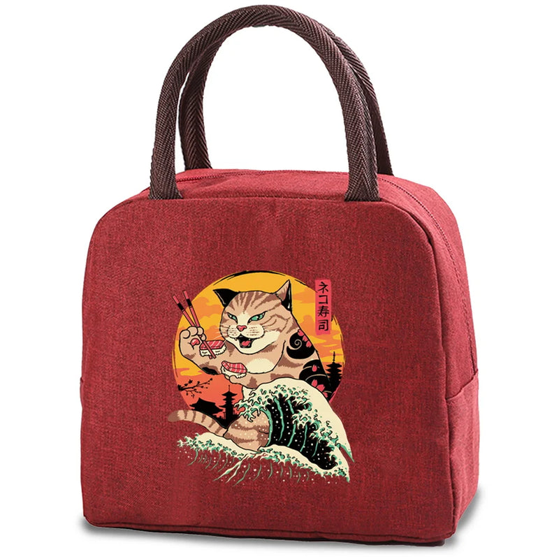 Japan Cat Print Insulated Cooler Bag Lunch Bento Box BBQ Ice Pack Food Tote