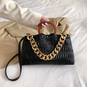 Thick Chain Big PU Leather Shoulder Crossbody Bags With Round Wooden Handle