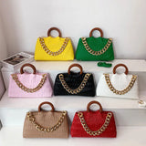 Thick Chain Big PU Leather Shoulder Crossbody Bags With Round Wooden Handle